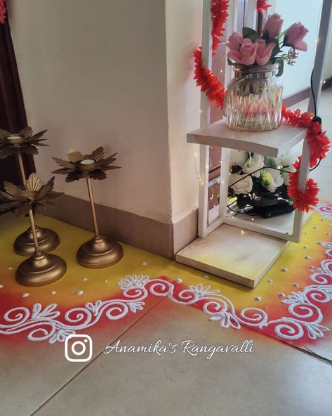 "Discover elegant and simple Rangoli designs that will beautifully enhance and elevate the ambiance of your special occasion. #RangoliDesigns #ElegantDecor #FestiveVibes #TraditionalArt #OccasionDecor #BeautifulRangoli" Beautiful Diwali Rangoli, Boundary Rangoli Design, Border Rangoli Ideas, Simple Border Rangoli Designs, Side Rangoli Designs Easy, Border Rangoli Designs Simple, Flower Border Rangoli, Ganapati Rangoli, Side Border Rangoli Designs