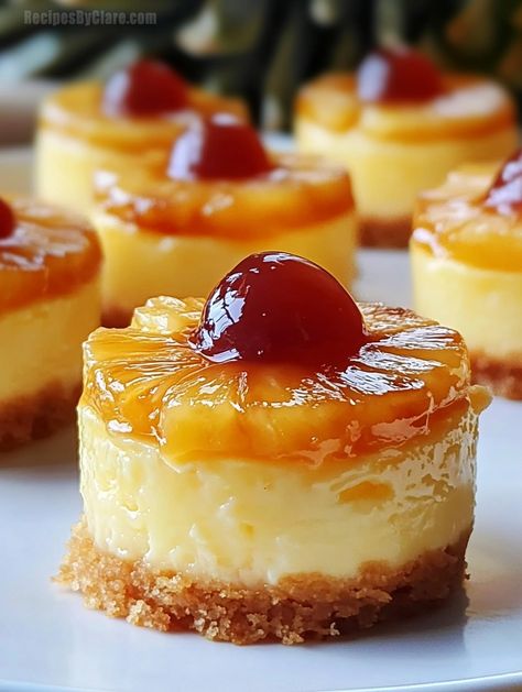 Mini Pineapple Upside-Down Cheesecakes - Sweet & Creamy - Recipes By Clare Pineapple Upside Down Cheesecake Factory, Dessert Recipes Using Pie Crust, Mini Pineapple Upside Down Cheesecake, Pineapple Cheesecake No Bake, 4 Inch Cheesecake Recipes, Baking Cakes For Beginners, Baking Cake Aesthetic, Christmas Mini Desserts, Thanksgiving Dessert Easy