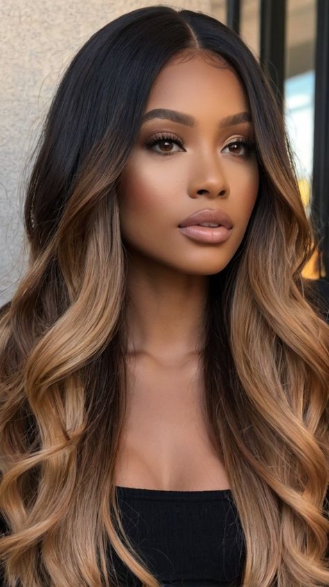 Beautiful Honey Balayage Curls for Glamorous Light Skin Women 💫 Chocolate Blonde Hair Balayage, Theresa Guidice Hair, Ombre Hair For Black Women, Blonde Highlights Sew In Weave, Wavy Ombre Hair, Dark Skinned Hair Color Ideas, Black Women Ombre Hair, Black Hair Balayage Black Women, Blonde Balayage On African American Hair