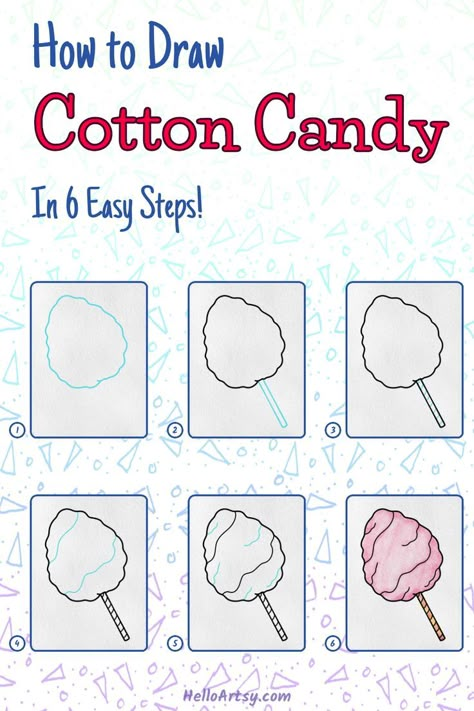 Draw easy cotton candy for kids. Ideal for kids who desire to learn how to draw! Follow along with each illustration to learn how to draw cotton candy. Want to see the full drawing tutorial with a PRINTABLE GUIDE? It's completely FREE. No opt-in required! CLICK to ACCESS! Cute Food Doodles, Ancient Rome Projects, Simple Art Drawings, Candy Illustration, Carnival Poster, Draw Ice Cream, Full Drawing, Candy Drawing, Draw Food