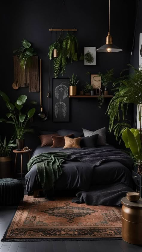 Bedroom Ideas For Small Rooms Black, Black Cozy Room, Moody Zen Bedroom, Earthy Dark Bedroom, Dark Tropical Bedroom, Gothic Bedroom With Plants, Dark Coastal Bedroom, Black Room Green Plants, Plant Bedroom Aesthetic Dark