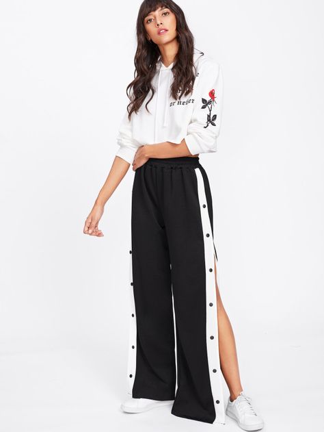 Tape Button Side Wide Leg Pants -SheIn(Sheinside) Womens Business Attire Professional, Adidas Wide Leg Pants, Business Casual Womens Fashion, Plazo Pants, Womens Business Attire, Job Interview Advice, Snap Pants, Interview Advice, Side Pants