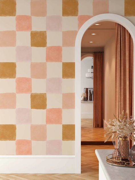 Pink Ochre Bedroom, Quirky Accent Wall, Wallpaper Stick On, Paint A Checkered Wall, Painting Classroom Walls, Pastel Checkered Wallpaper, Checkered Wall Paint, Classroom Accent Wall, Hand Painted Accent Wall