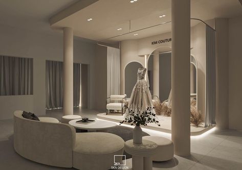 Luxury Bridal Suite, Bridal Salon Interior, Wedding Store Interior Design, The Ivory Room Bridal, Luxury Fitting Room, Bridal Studio Interior, Bridal Shop Interior Design, Fitting Room Aesthetic, Modern Boutique Interior