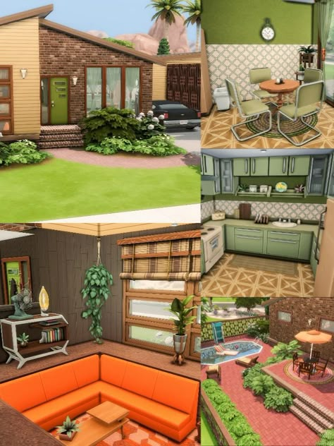 70s House Interior, 70s House Decor, Home The Sims 4, 70’s House, Mid Century House Plans, Sims 2 House, Mid Century Modern House Plans, Oasis Springs, Sims 4 Speed Build