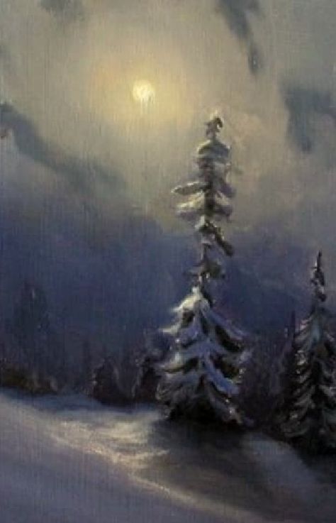 Snow Night Painting, Night Snow Painting, Winter Night Painting, Snow Landscape Painting, Winter Oil Painting, Painting Night, Painting Snow, Winter Painting, Art Idea