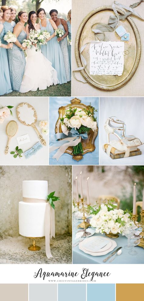 Aquamarine Elegance - Romantic Spring Wedding Inspiration in Aquamarine Blue & Elegant Neutrals Romantic Spring Wedding, Aquamarine Wedding, Wedding Collage, Chic Vintage Brides, Wedding Color Trends, Spring Wedding Decorations, Blue Wedding Inspiration, Vintage Brides, Something Blue Wedding