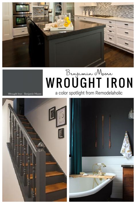 Wrought Iron is a great paint color. Dark, but not black, the color works beautifully on trim, doors (interior and exterior), and walls. From Remodelaholic #Remodelaholic #benjaminmoore #wroughtironpaintcolor #bmwroughtiron #wroughtironbybenjaminmoore #darkpaintcolors #perfectdarkpaint #exteriordoorpaintcolor #darkpaintnotblack Trim Doors Interior, Exterior Door Paint Colors, Black Trim Interior, Benjamin Moore Wrought Iron, Color Spotlight, Wrought Iron Paint, Moody Interior Design, Black Window Trims, Best Gray Paint