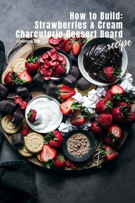 Easy to make dessert platter, learn to build this Strawberries and Cream Charcuterie Dessert Board (Platter)! It's perfect for sharing with friends and family, and is ideal any time of year from Valentine's Day to the Holidays to Summer BBQs to birthday or dinner parties! Get the chocolate dip and whipped cream recipes plus learn more at Little Figgy Food! #desserts #recipes #charcuterie #partyfoods #summerfoods #valentinesday #holidays #strawberries #chocolate #dipsandspreads #whippedcream Strawberries And Cream Dessert, Honeycomb Chocolate, Dessert Charcuterie Board, Maple Leaf Cookies, Dessert Charcuterie, Mini Meringues, Dessert Board, Charcuterie Board Ideas, Recipes With Whipping Cream