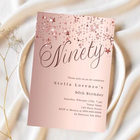 Rose gold stars script luxury 90th birthday invitation | Zazzle 90 Year Old Birthday Party, Women Party Themes, Birthday Party For Women, 90th Birthday Invitations, 90th Birthday Party, 90's Birthday Party, 90th Birthday, Women Party, Ideas Party