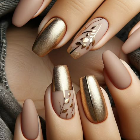 Sorry Nail Designs, Nail Prints Designs, Nail Art On Chrome Nails, Latin Inspired Nails, Mob Wife Nails 2024, Matte Gold Nails, Gold Matte Nails, Mother Of The Bride Nails Ideas, Matt Nail Art