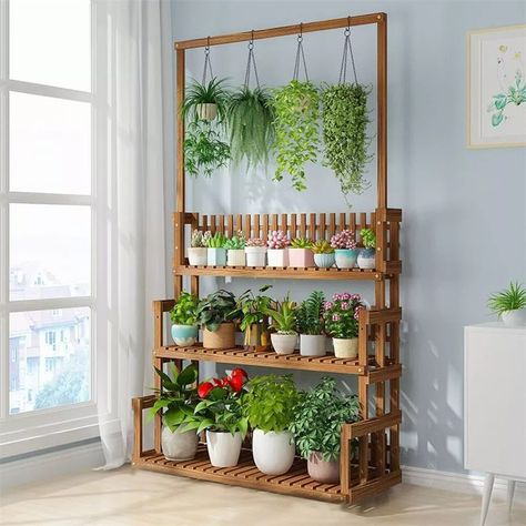 3 Tier Plant Shelf Hanging Bar Plant Stand Flower Rack for Garden Patio Balcony | Michaels Wooden Plant Stands Indoor, Garden Shelves, Balcony Flowers, Wooden Plant Stands, Support Plante, Wood Plant Stand, Flower Pot Garden, Hanging Bar, Plant Stand Indoor