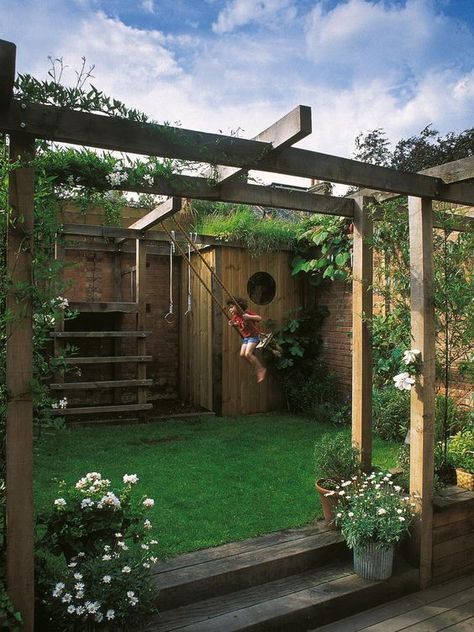 With parties and play dates being scheduled and plans to update the outdoor space, why not combined them together to make something amazing for the entire family? via hgtv Imagine a garden you love to Ideas Para Decorar Jardines, Playground Landscaping, Unique Outdoor Spaces, Play Garden, Tropical Garden Design, Outdoor Play Areas, Pergola Garden, Small Backyard Gardens, Backyard Play