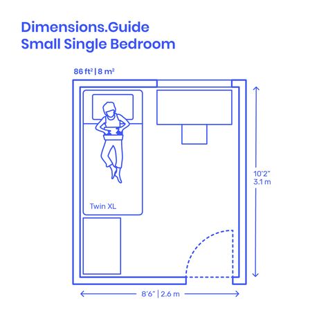 Small Single Bedroom layouts are recommended strategies for organizing bedrooms based on the standard dimensions of a Small Single Bed. Typically used for space efficient minimal individual or shared bedrooms, Small Single Bedrooms should have minimum floor plan areas of around 86 ft2 | 8 m2. Downloads online #bedroom #beds #architecture #interiordesign #homedesign Small Single Bedroom, Small Single Bed, Small Bedroom Layout, Small Floor Plans, Small Bathroom Renovations, Bedroom Layout, Bedroom Size, Bedroom Dimensions, Bedroom Floor Plans