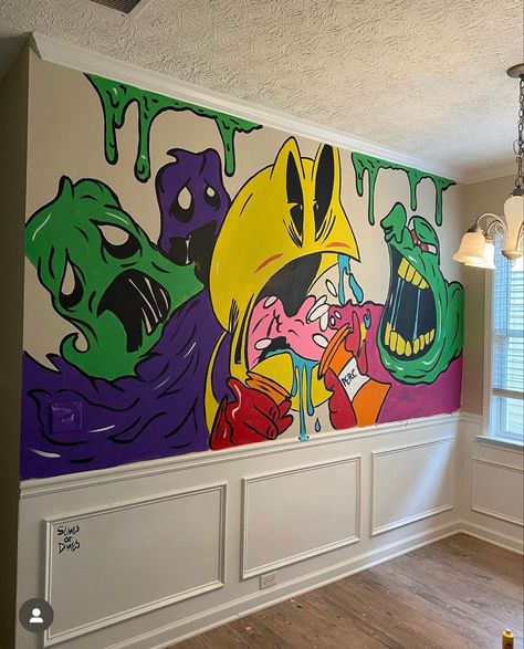 Trippy Mural Paintings, Graffiti Room Ideas Bedrooms Street Art, Hype Beast Wall Art, Kaws Wall Painting, Cool Room Painting Ideas, Painting Ideas For Bedroom Walls, Wall Cartoon Painting, Graffiti Wall Art Bedroom, Painting Ideas For Guys