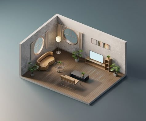 Isometric Living Room, Isometric Interior, Isometric Rooms, Isometric Room, 3d Living Room, Interior Design Renderings, 3d Isometric, 3d Room, Interior Design Presentation