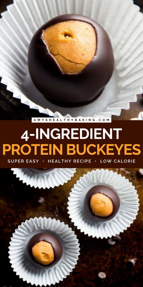 A Christmas dessert idea using only 4 ingredients! From the sweet filling to the rich dark chocolate coating, these protein buckeyes are pure bliss in every bite. Save this peanut butter ball recipe for a healthy sweet treat to make at home! Christmas Chocolate Peanut Butter Balls, Chocolate Peanut Butter Balls Healthy, Protein Chocolate Balls, Protein Buckeye Balls, Protein Christmas Treats, Christmas Protein Balls, Healthy Dates Recipes, Low Carb Peanut Butter Balls, Peanut Butter Balls Healthy