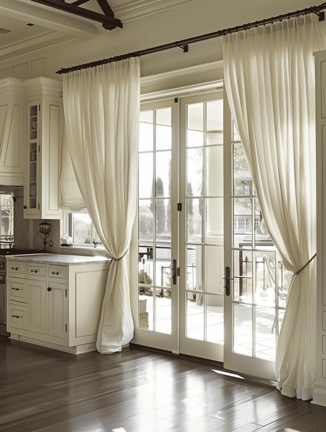 Should French Doors Have Curtains [And How To Install Them]? Curtains French Doors Kitchen, Interior French Door Curtains, Dressing French Doors, French Doors With Side Windows Curtains, French Door Curtain Rods, Farmhouse French Doors Curtains, Drapes On French Doors, How To Dress Up French Doors, French Doors Patio Farmhouse