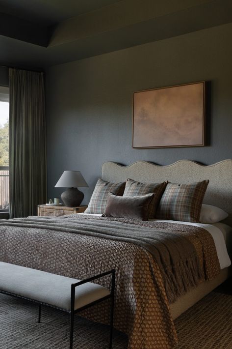 11 Best Moody and Romantic Bedroom Paint Colors | Our Aesthetic Abode Master Bedrooms Timeless, Master Suite Inspiration, Rich Bedroom Paint Colors, Cozy Green Paint Colors, Best Moody Bedroom Paint Colors, Moody Bedroom Furniture, Charcoal Green Paint, Kendall Charcoal Bedroom, Cozy Primary Bedroom Ideas