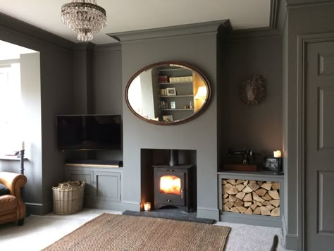 Farrow and Ball - Moles Breath. Living room. Style it dark. Vintage. Grey room. Log burner. Instagram -HeritageDecorating Moles Breath, Alcove Ideas Living Room, Log Burner Living Room, Alcove Ideas, Snug Room, Victorian Living Room, Dark Living Rooms, Picture Rail, Living Room Decor Fireplace