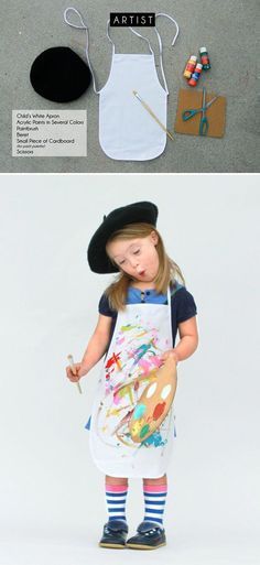 Le Artist! Your kids Le Artist! Your kids can help you make this costume! Let them paint their apron and painters palette. Just let it all dry before trick-or-treating! #halloweencostumes #halloweencostumesadult Artist Halloween Costume, Painter Costume, Artist Costume, Meme Costume, Fairy Halloween Costumes, Career Day, Painters Palette, Best Makeup Artist, Halloween Costume Kids