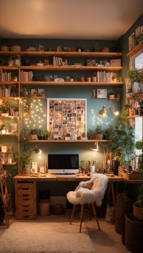 Cottagecore Study Room, Hobbie Room Ideas, Office Hobby Room Ideas, Hobby Room Design Small Spaces, Hobby Room Aesthetic, Cosy Hobby Room, Nature Office Decor, Cottagecore Home Office, Small Office Library Ideas