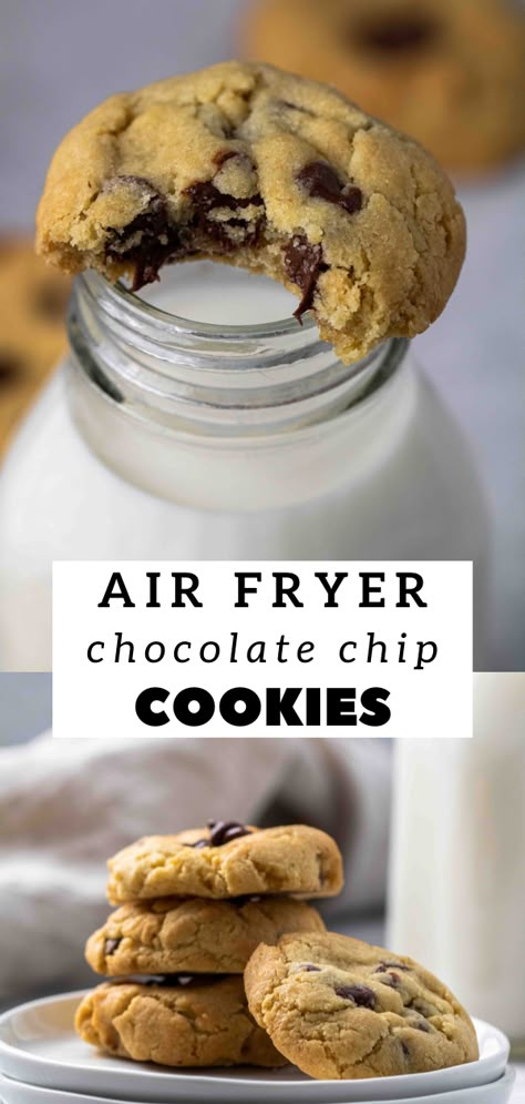 Chocolate chip air fryer cookies Air Fryer Chocolate Chip Cookies, Cake Mix Chocolate Chip Cookies, Air Fryer Cookies, Air Fryer Dessert Recipes, Small Batch Cookie Recipe, Air Fryer Dessert, Air Fryer Recipes Dessert, Air Fryer Desserts, Best Air Fryer Recipes