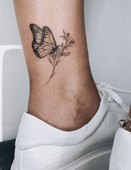 Small Simple Butterfly Tattoo, Inside Ankle Tattoos, Inner Ankle Tattoos, Butterfly Leg Tattoos, Butterfly Ankle Tattoos, Tattoo Fixes, Cute Foot Tattoos, Butterfly With Flowers Tattoo, Simple Butterfly Tattoo