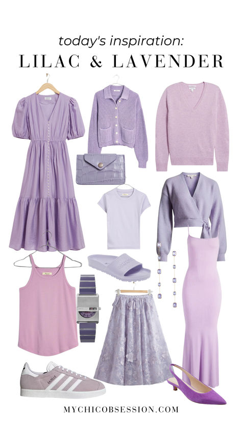 Spring outfits are the perfect opportunity to incorporate a pastel piece into your look. Here are a few lilac and lavender pieces for inspiration. Lavender Spring Outfits, Soft Summer Spring Outfits, Light Spring Winter Outfits, Lilac Color Combinations Outfit, Lavender Outfits For Women, Summer Colors Outfits, Lilac Sweater Outfit, Pastel Clothes Outfits, Muted Wardrobe