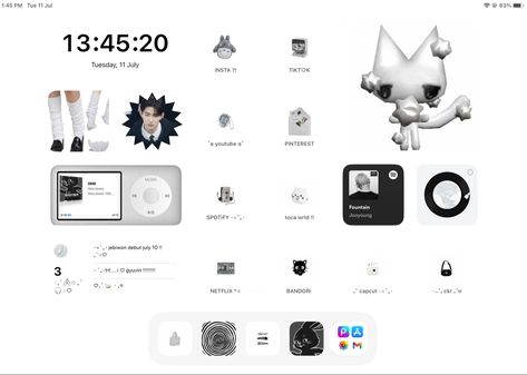 Aesthetic Ipad Homescreen Layout Black, Aesthetic Black And White Wallpaper Ipad, White Homescreen Widgets, Acubi Ipad Wallpaper, Ipad Layout Ideas Kpop, Zb1 Black And White, Zb1 Ios Layout, White Wallpaper Aesthetic Ipad, Black Ipad Homescreen