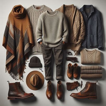 a relaxed, rugged, and dignified autumn wardrobe for men including ponchos, relaxed shirts, slim pants, textured knits, boots, and sandals - Image Creator from Microsoft Designer Rugged Casual Mens Style, Layering Mens Outfits, Mountain Men Outfit, Mens Earth Tone Outfits Casual, Autumn Clothes Men, Rustic Outfit For Men, Rugged Outfit Men, Nature Outfits Men, Cozy Outfits Men