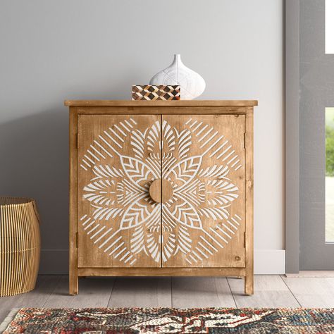 Langley Street Hudspeth Accent Cabinet & Reviews | Wayfair Pretty Furniture, Accent Storage Cabinet, Zen Room, Wood Storage Cabinets, Storage Cabinet Shelves, Accent Doors, Wood Polish, Medallion Design, Natural Wood Finish