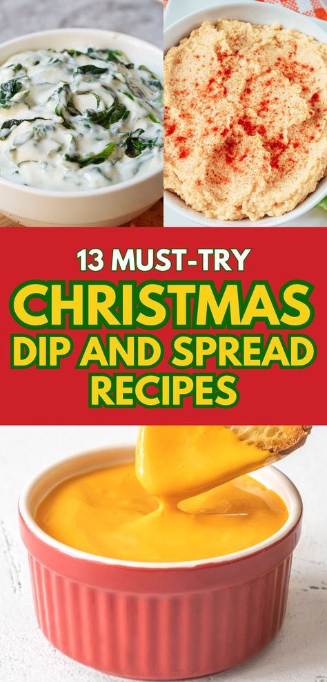 A collage of creamy Christmas dips and spreads, featuring a rich spinach and cheese dip, spiced hummus topped with paprika, and a vibrant golden cheese dip in a red ramekin with a toasted bread piece. The festive red and green banner highlights easy Christmas Dip and Spread Recipes. Ideal for holiday appetizer ideas, party dips, and festive spread recipes. Holiday Dips And Spreads, Festive Dips Appetizer Recipes, Dip For Crudite, Christmas Eve Dips Holidays, Crockpot Dips For Christmas, Christmas Savory Dips, Spreads For Bread Appetizers, Dip Ideas For Christmas Party, Dip Recipes For Christmas