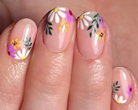 Midsummer Nail Ideas, Nail Art Spring Flowers, Spring Nails Floral Design, White And Floral Nails, Nude With Flowers Nails, Neutral Nails With Flowers, Wildflower Nail Designs, Bright Floral Nails, Colorful Flowers Nails