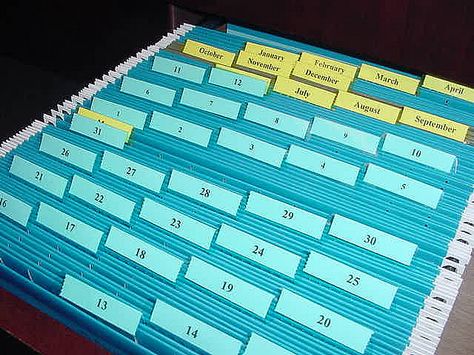 Tickler File  = 1 file per day of the month (31 files) + 1 file per month (12 more files)  which means you'll have a total of 43 files (keep in mind, not everyone is mathtastical ;-)  In summary, to execute this system you will need 43 plastic tabs, 43 hanging file folders and a container to store them in.  It needs to be checked daily! Filing Ideas, Organize Finances, Gtd System, Teacher Toolbox Labels, Leadership Development Program, File System, House Organization, House Organisation, Blogging Business