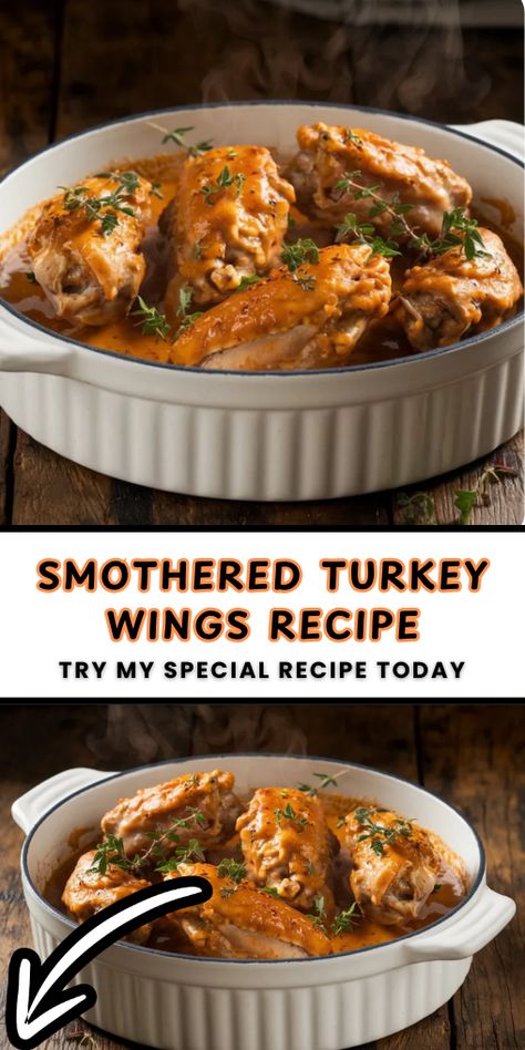 smothered turkey wings drenched in Cajun gravy Turkey Wings Recipe Crockpot, Turkey Wings Recipe Smothered, Sunday Meal Ideas, Smothered Turkey Wings Recipe, Wings Recipe Crockpot, Easy Soul Food, Soul Food Recipe, Bake Turkey Wings Recipe, Turkey Wings Recipe