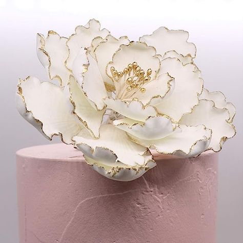 Amazon.com: Garden Peony Flowers - White with Gold Tips and Stamens Cake Toppers - Gumpaste Sugar Flowers by Sugar Deco (White with Gold) : Grocery & Gourmet Food Gold Fondant, Peony Cake, Sugar Flowers Cake, Royal Icing Flowers, Flower Cake Toppers, Icing Flowers, Gum Paste Flowers, Fondant Flowers, Peonies Garden