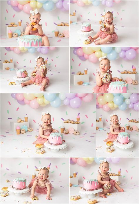 Half Birthday Donut Photoshoot, Oversized Cupcake Smash Cake, Sweet One Cake Smash Photos, One Year Donut Birthday Party, Donut Cake Smash Photography, Sweet One First Birthday Twins, One Sweet Birthday Party, Pastel Sweet One Birthday, Sweet One First Birthday Pictures