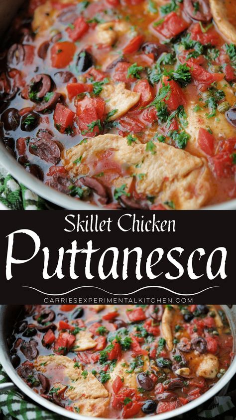 Italian style Chicken Puttanesca made with boneless chicken breasts, Kalamata olives, capers, tomatoes and fresh herbs. #chicken #lowcarb #keto #glutenfree #skillet Chicken Kalamata Olives Recipe, Kalamata Olives Recipes, Chicken Puttanesca Recipes, Kalamata Olive Recipes, Mediterranean Chicken Skillet, Italian Chicken Breast Recipes, Chicken And Olives, Italian Style Chicken, Italian Chicken Breast