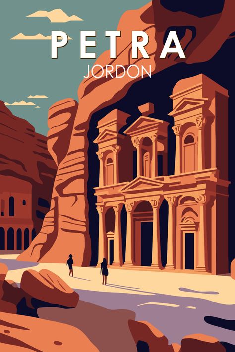 Retro art poster of Petra, Jordan showcasing the ancient wonder and architectural marvel. Petra Illustration, Petra Drawing, Petra Jordan Travel, Petra In Jordan, Punch Wall, Fleurs Art Nouveau, Landmark Poster, City Posters Design, City Of Petra