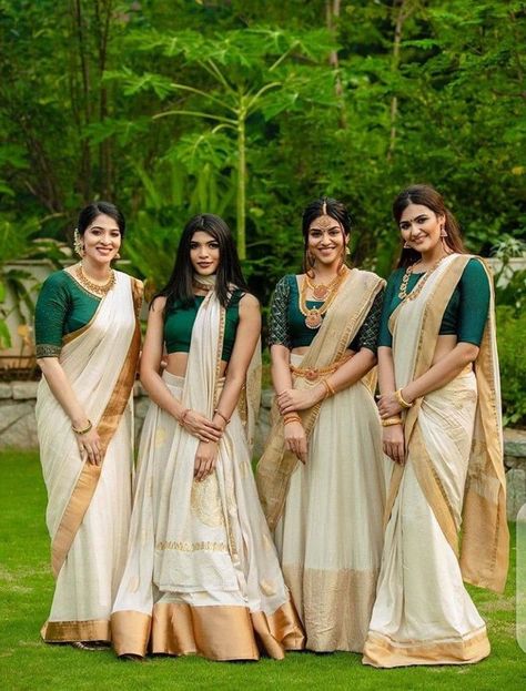 Brides Maids Outfit, Onam Attire For Women, Indian Wedding Outfits Sisters, Onam Shoot, South Indian Bridesmaids, Onam Photoshoot, Bridesmaids Photoshoot, Onam Outfits Ideas, Kerala Dress