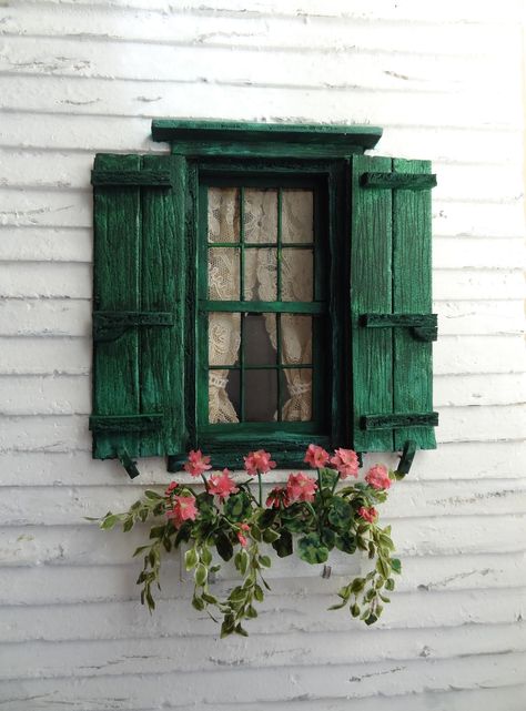 Green Shutters, Vintage Buffet, Beautiful Windows, Old Windows, Garden Windows, Window Shutters, Fairy Doors, Miniature Houses, Window Boxes