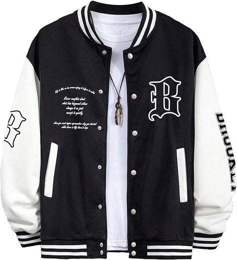 SHENHE Men's Slogan Graphic Button Down Varsity Jacket Baseball Bomber Jackets Mens Button Up, Bomber Jacket, Button Up, Man Shop, Black White, Black And White, Collage, Full Service, White