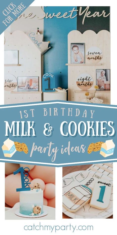 Cookies And Milk Themed Birthday Party, 1st Birthday Cookie Theme, Hes A Sweet One Birthday Theme, One Sweet Cookie Birthday Theme, Cookie Theme First Birthday, One Cute Cookie Birthday Party, Milk And Cookie Themed Birthday Party, First Birthday Cookie Theme, One Sweet Year Birthday Party Boy