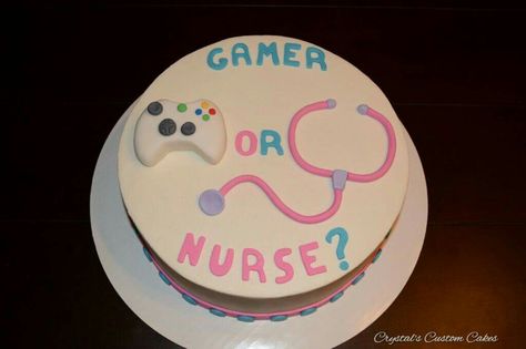 A totally different and personal gender reveal cake gamer or nurse? Nursing Gender Reveal Ideas, Gamer Gender Reveal Ideas For Party, Nurse Gender Reveal Ideas, Deadlift Gender Reveal, Gender Reveal Gamer Theme, Personal Gender Reveal, Video Game Theme Gender Reveal, Gamer Gender Reveal Ideas, Gamer Gender Reveal