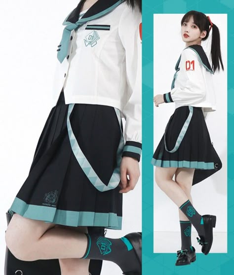 Hatsune Miku Inspired Outfits, Miku Expo Outfit, Miku Inspired Outfits, Hatsune Miku Clothes, Miku Clothes, Miku Shirt, Kawaii School Uniform, Necktie Skirt, Sailor Clothes