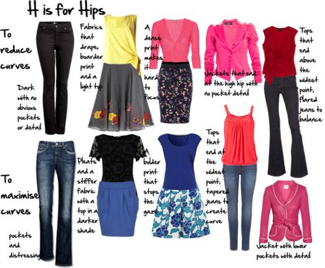 top row only1.Wear darker fabrics on your bottom half with no obvious pockets or details  3.If you wear a patterned bottom, take the light or bright color from the bottom to wear on your top and draw the eye upwards. On your bottom half only wear dense small patterns that the eye can’t focus on.  Avoid larger patterns 4.Wear jackets that end at the high hip with no pocket detail 5.Wear tops that end ABOVE your widest point Flared jeans help balance your hips Pear Shape Fashion, Inside Out Style, Flowy Skirts, Rectangle Body Shape, Apple Body Shapes, Shape Fashion, Pear Body, Pear Body Shape, Apple Shape