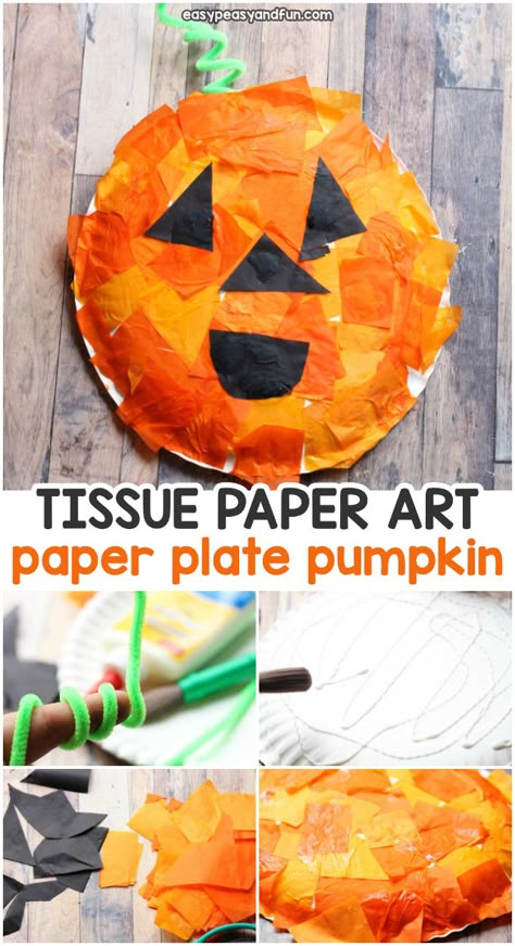 Mosaic Pumpkin Paper Plate Craft. Fun Halloween craft project for kids. Tissue Paper Mosaic, Mosaic Pumpkin, Paper Plate Pumpkin, Scary Halloween Crafts, Crafts Toddlers, Paper Pumpkin Craft, Halloween Arts, Paper Plate Craft, Halloween Infantil