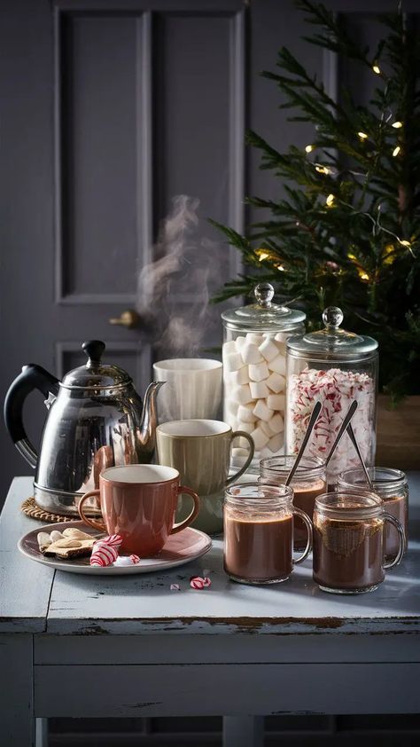 Cozy Hot Cocoa Bar Ideas for Winter Gatherings Hot Drinks Bar Ideas, Blue Hot Cocoa Bar, Hot Cocoa Bar Crockpot, Home Hot Chocolate Bar, Elegant Hot Cocoa Bar, Coffee Cocoa Bar Ideas, Hot Coco Bar Idea Kitchen, Hot Cocoa Bar Aesthetic, Hot Cocoa Bar Kids