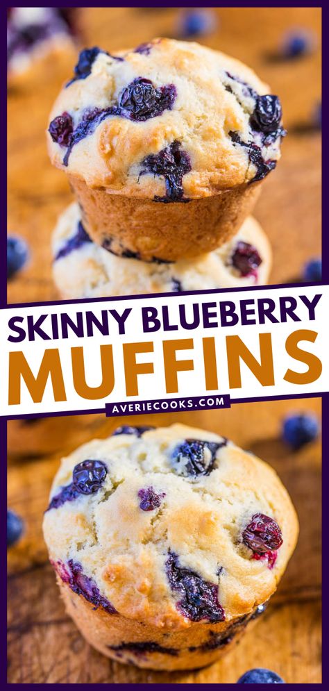 Healthy Blueberry Muffins (Low-Calorie & Low-Fat) - Averie Cooks Low Sugar Blueberry Muffins, Low Calorie Blueberry Muffins, Low Fat Blueberry Muffins, Greek Yogurt Blueberry Muffins, Low Fat Muffins, Low Calorie Muffins, Blueberry Yogurt Muffins, Greek Yogurt Muffins, Healthy Blueberry Muffins